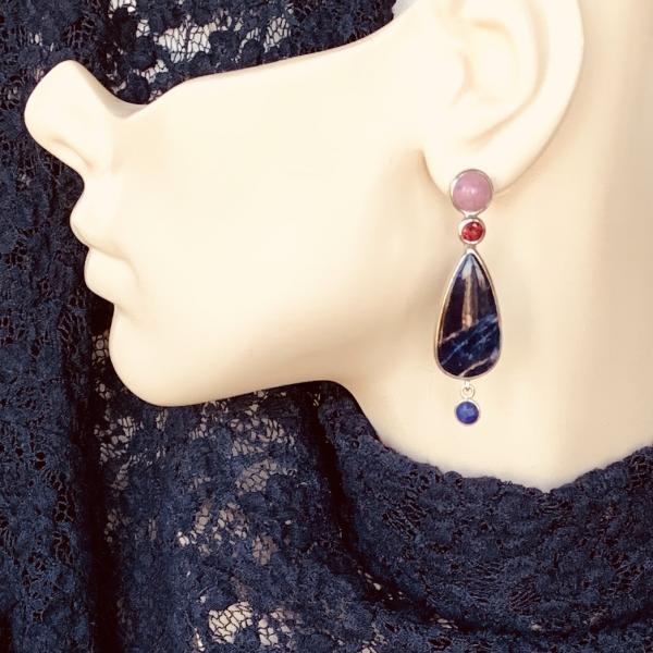 Rhodochrosite, Agate, Garnet and Sapphire drop earrings picture