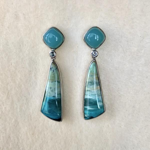 Sold - Chrysophrase, Opalized Palm and Aquamarine earrings picture