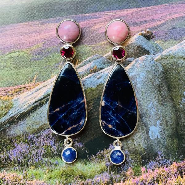 Rhodochrosite, Agate, Garnet and Sapphire drop earrings picture