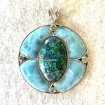 Chrysocolla-Malachite, Larimar and Aquamarine medallion pendant