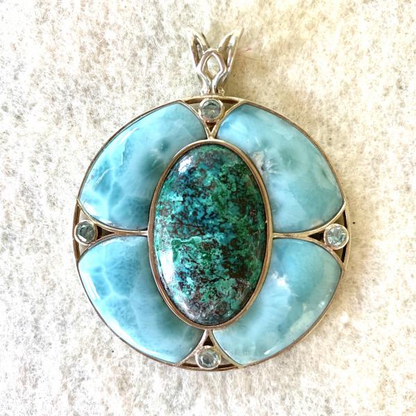 Chrysocolla-Malachite, Larimar and Aquamarine medallion pendant