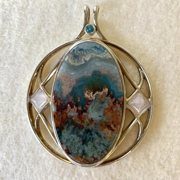 Plume Agate, Rose Quartz and Blue Zircon medallion pendant picture