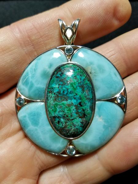 Chrysocolla-Malachite, Larimar and Aquamarine medallion pendant picture