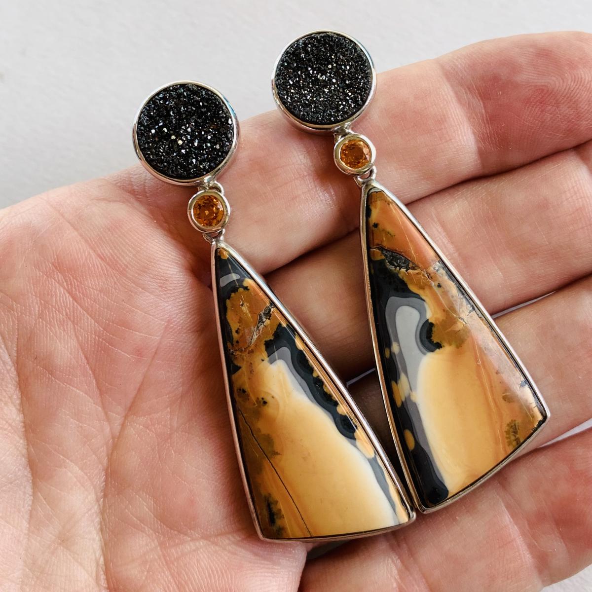 Malagano Jasper, natural Druzy Quartz and faceted Sunstone drop earrings picture