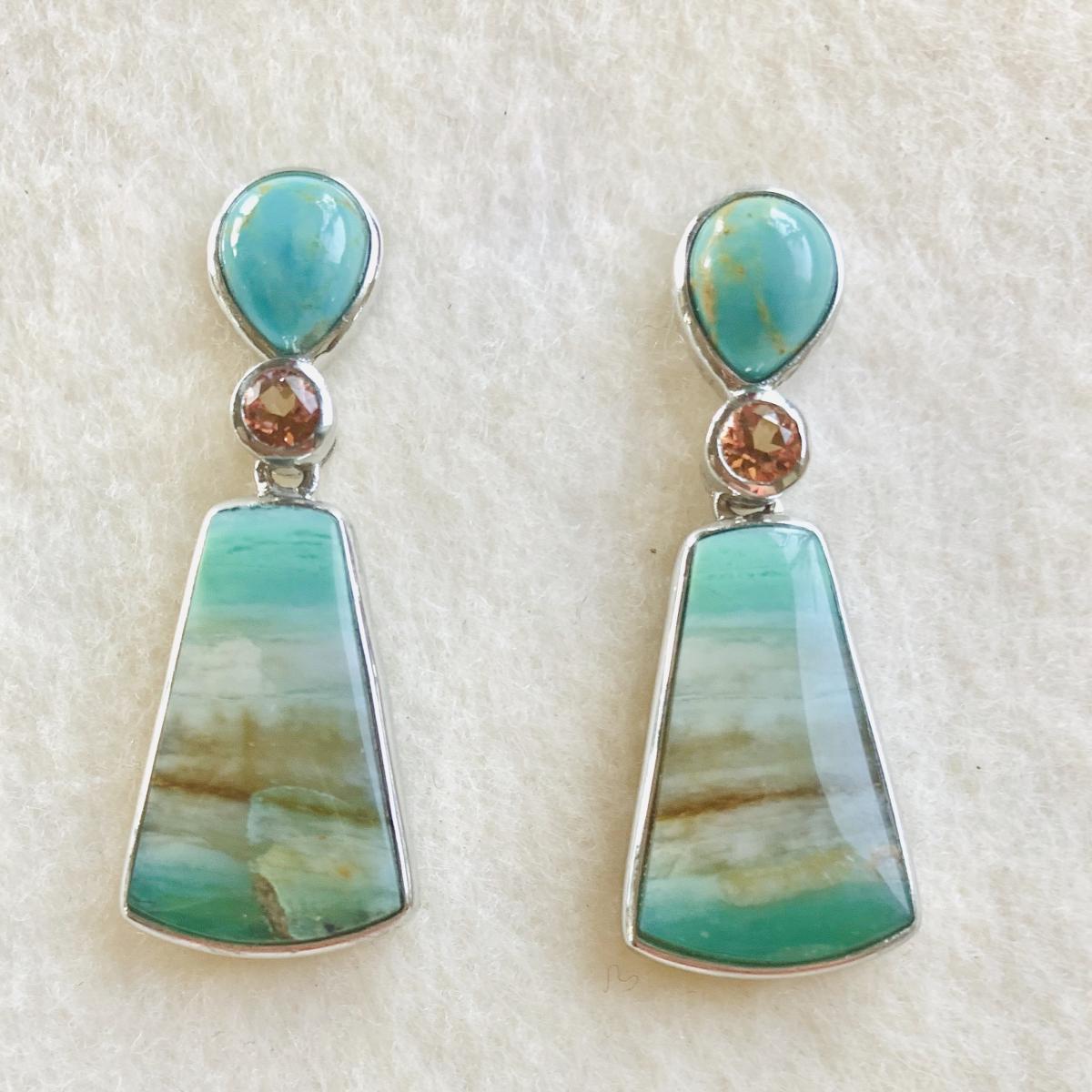 Sold - Turquoise, Opalized Palm and faceted Sunstone drop earrings picture