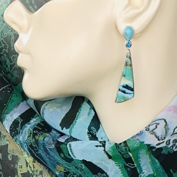Turquoise, Opalized Palm and Blue Topaz earrings