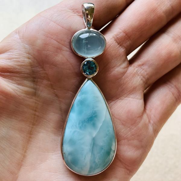 Larimar, Swiss Blue Topaz and cabochon Aquamarine pendant picture