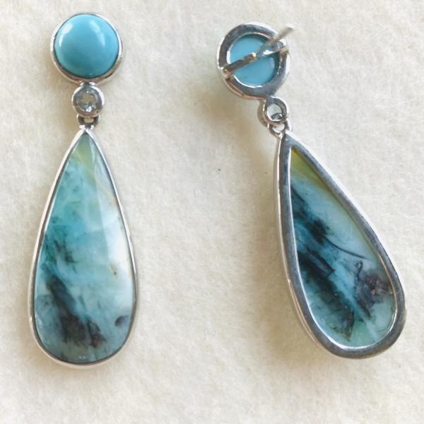 Sold - Persian Turquoise, Opalized Palm and faceted Aquamarine earrings picture