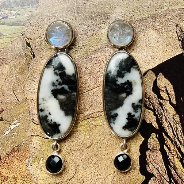 Moonface carved moonstone and Jasper drop earrings picture