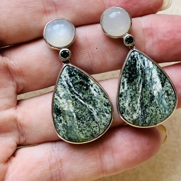 Seraphinite, Moonstone and Tourmaline drop earrings picture