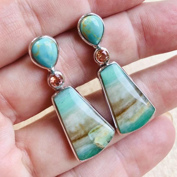 Sold - Turquoise, Opalized Palm and faceted Sunstone drop earrings picture