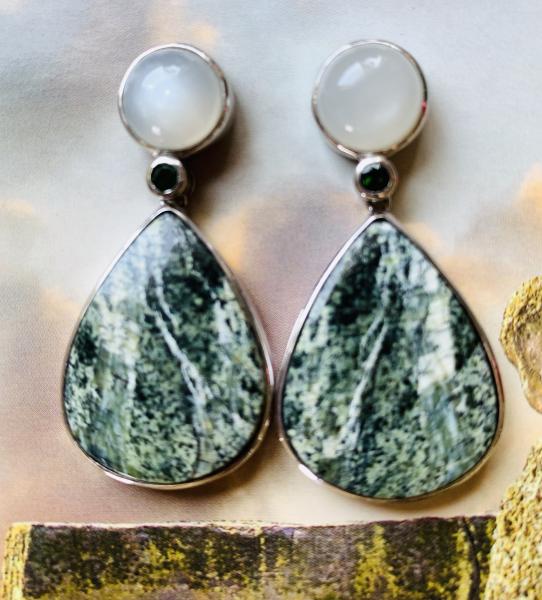 Seraphinite, Moonstone and Tourmaline drop earrings picture