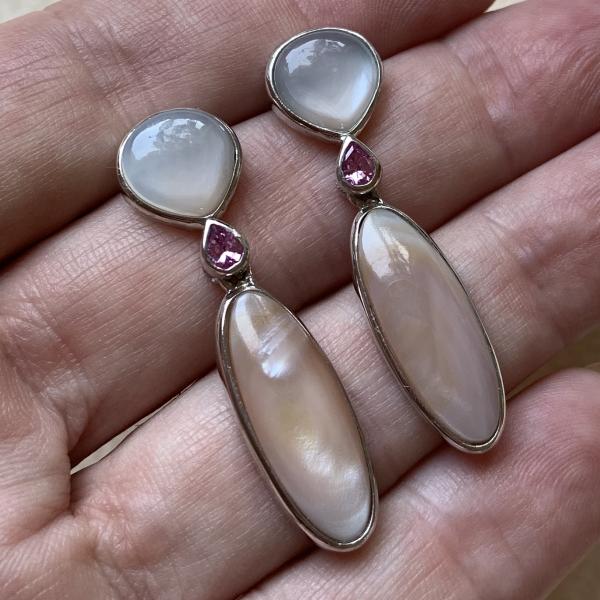 Mother of Pearl and Pink Tourmaline drop earrings picture