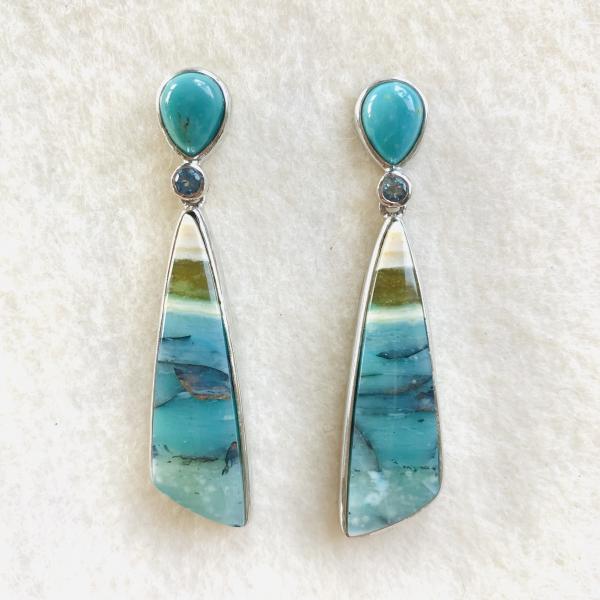 Turquoise, faceted Aquamarine and Opalized Palm earrings picture
