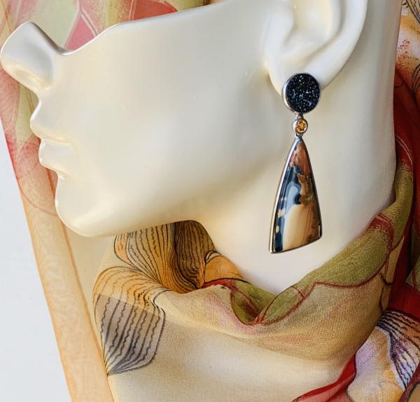 Malagano Jasper, natural Druzy Quartz and faceted Sunstone drop earrings
