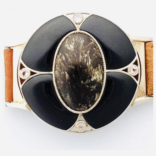 Golden Seraphinite, Black Jade and Morganite Wrist Piece picture