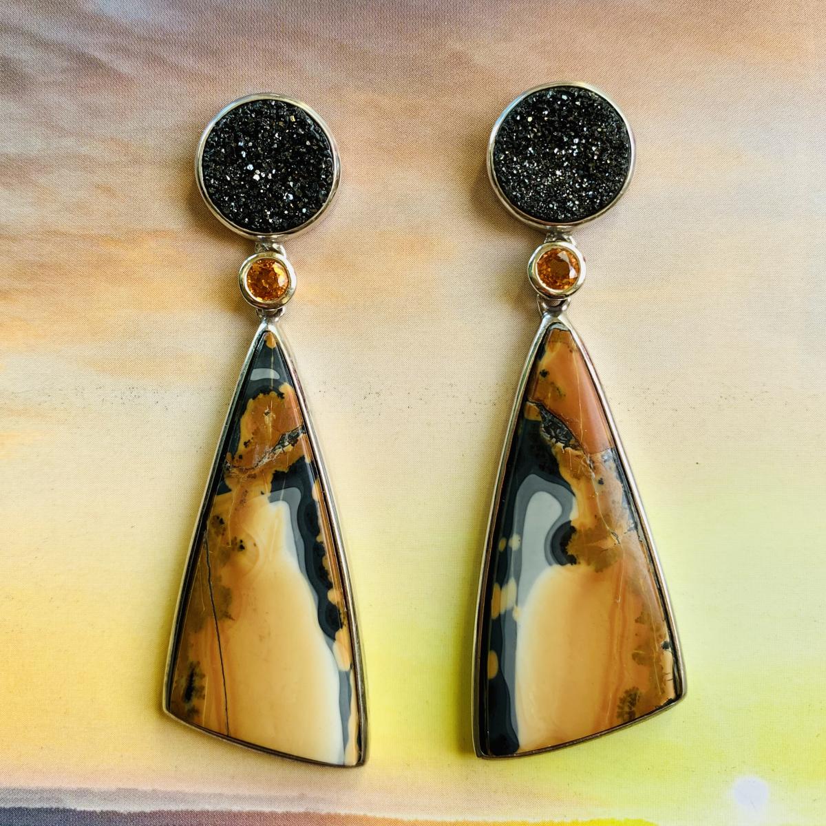Malagano Jasper, natural Druzy Quartz and faceted Sunstone drop earrings picture