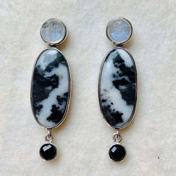 Moonface carved moonstone and Jasper drop earrings picture