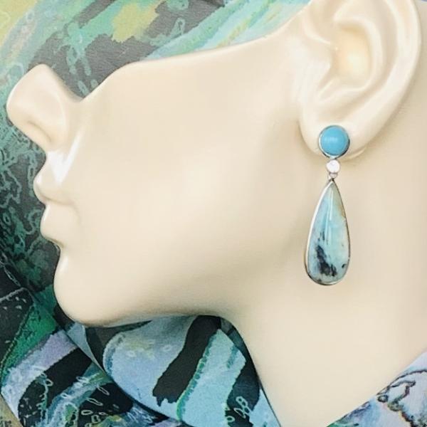 Persian Turquoise, Opalized Palm and faceted Aquamarine earrings