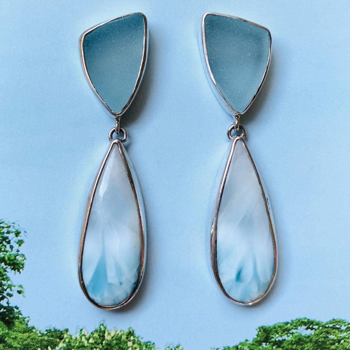 Sold - Aquamarine druzy and Larimar drop earrings picture