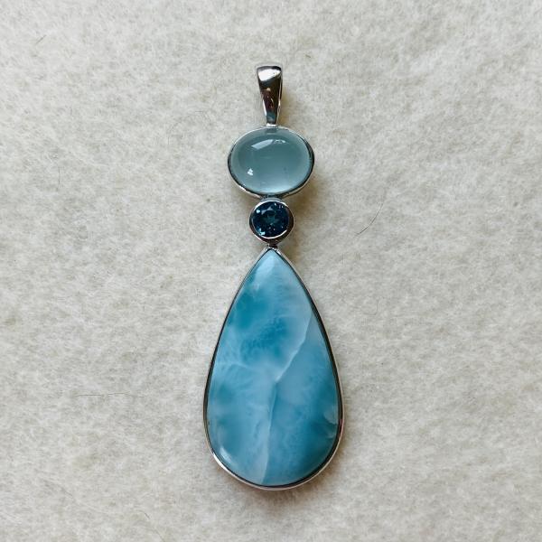 Larimar, Swiss Blue Topaz and cabochon Aquamarine pendant picture