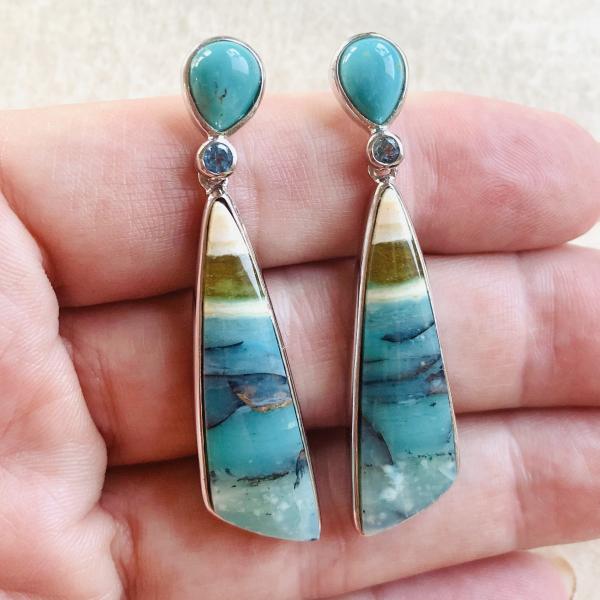 Turquoise, faceted Aquamarine and Opalized Palm earrings picture