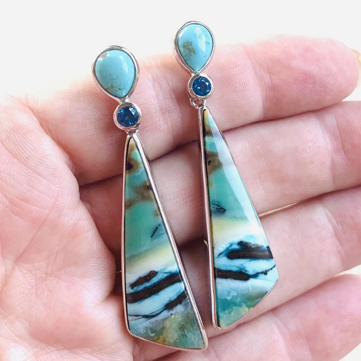 Sold - Turquoise, Opalized Palm and Blue Topaz earrings picture