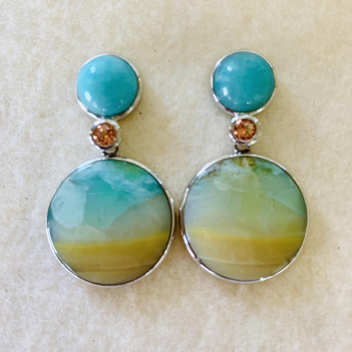 Turquoise, Opalized Palm and Citrine earrings picture