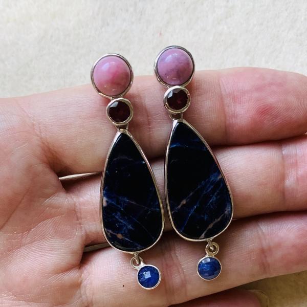 Rhodochrosite, Agate, Garnet and Sapphire drop earrings picture