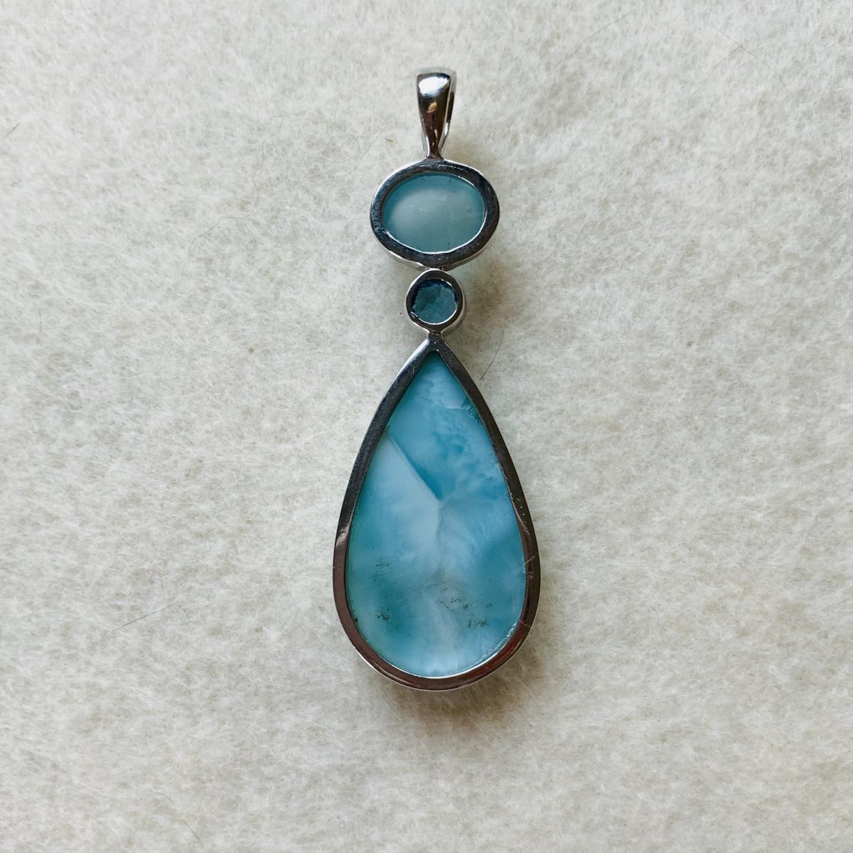 Larimar, Swiss Blue Topaz and cabochon Aquamarine pendant picture
