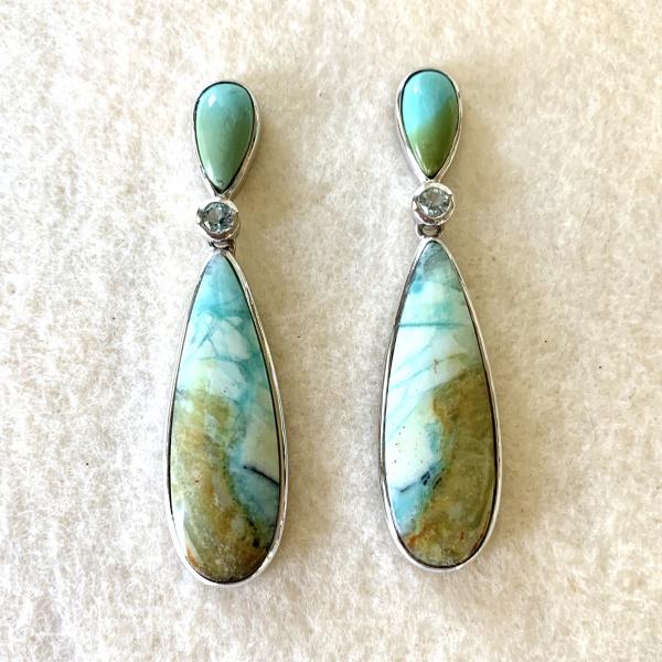 Turquoise, Opalized Palm and faceted Aquamarine earrings picture