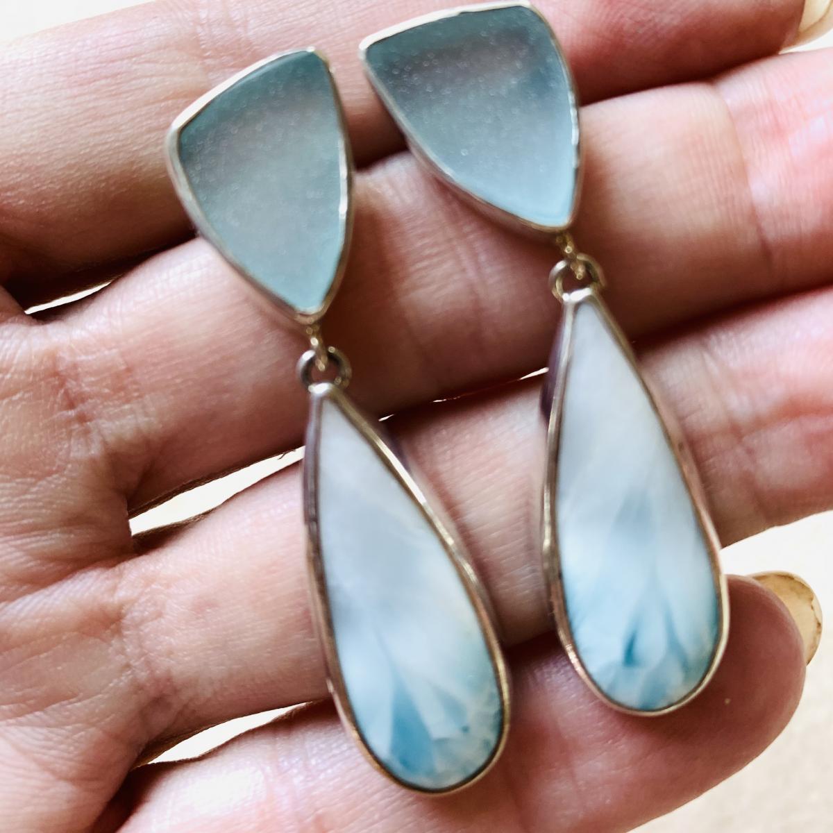 Sold - Aquamarine druzy and Larimar drop earrings picture
