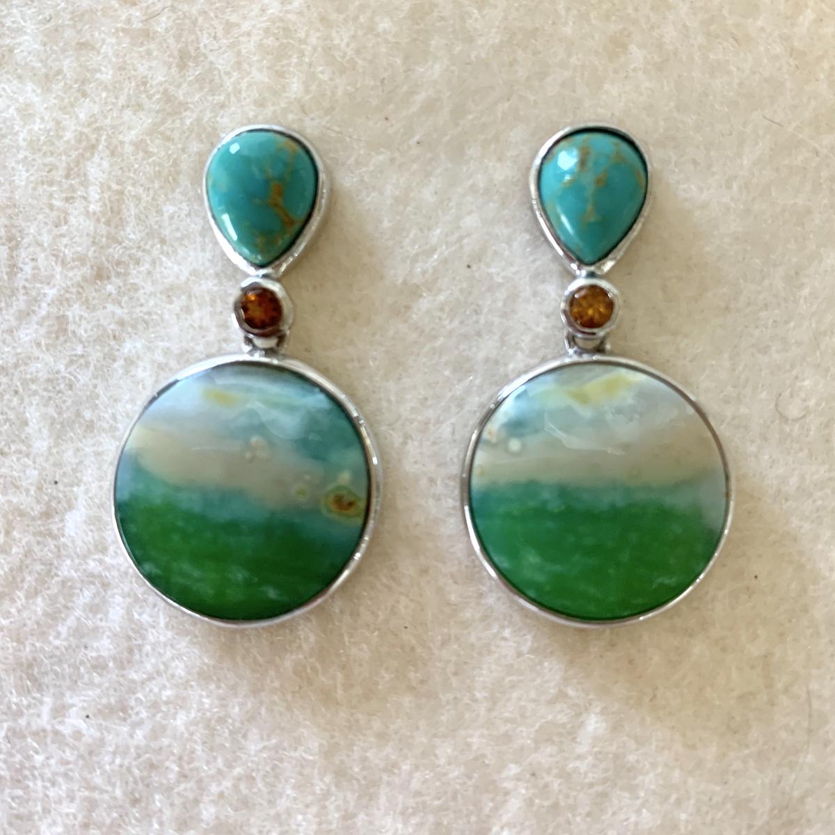 Turquoise, Opalized Palm and Citrine earrings picture
