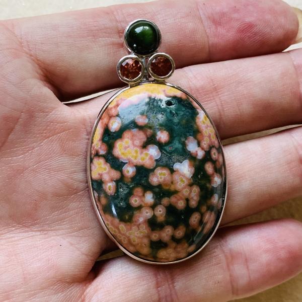 Ocean Jasper, Cats Eye Tourmaline and Sunstone pendant picture