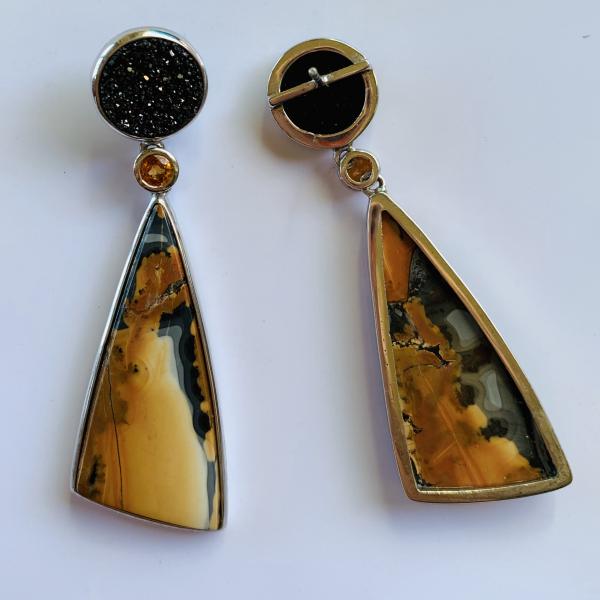 Malagano Jasper, natural Druzy Quartz and faceted Sunstone drop earrings picture