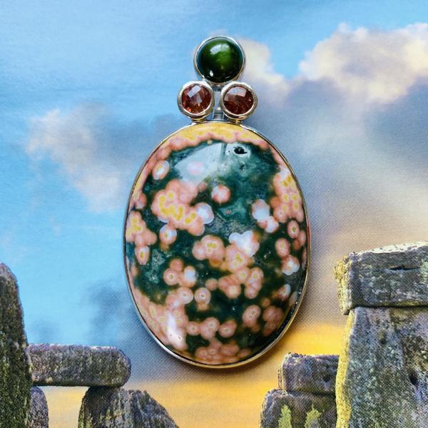 Ocean Jasper, Cats Eye Tourmaline and Sunstone pendant picture