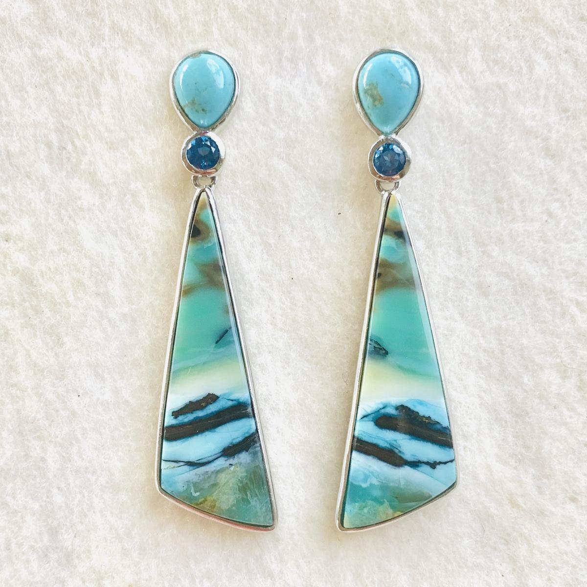 Sold - Turquoise, Opalized Palm and Blue Topaz earrings picture