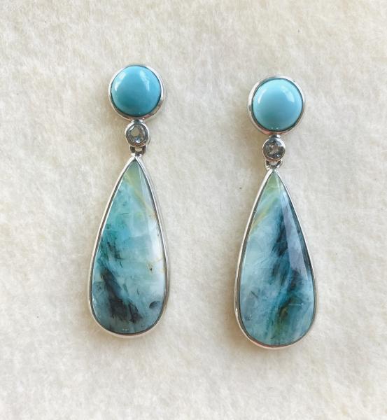 Sold - Persian Turquoise, Opalized Palm and faceted Aquamarine earrings picture