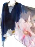 Hummingbirds & Peony flowers on Blue Poncho - Cover up - Sheer Poncho - Sheer Caftan