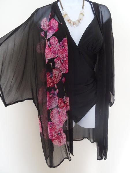 Orchids Maria Hot Pink Orchids on Black Kimono Cover-Up, Sheer