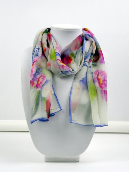 Cherry Blossoms Watercolor Sheer Silk Scarf, Lavender border