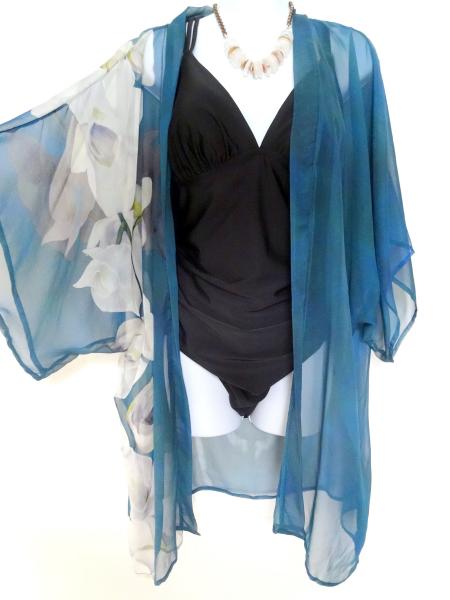 White Orchid Spray Kimono Cover-Up, Sheer, Prussian Blue picture