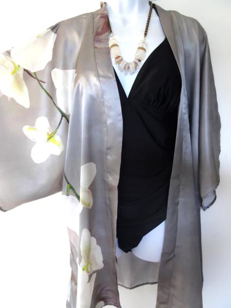 Orchids with Love Kimono Cover-Up, Satin, Gray