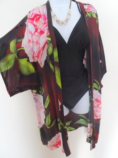Pink / Orange peonies on field of Brown Kimono Cover-Up, Satin
