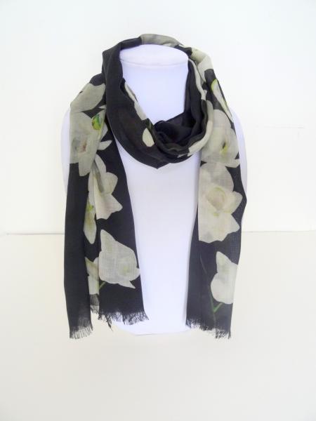 White Orchid Spray on Black Wool Scarf
