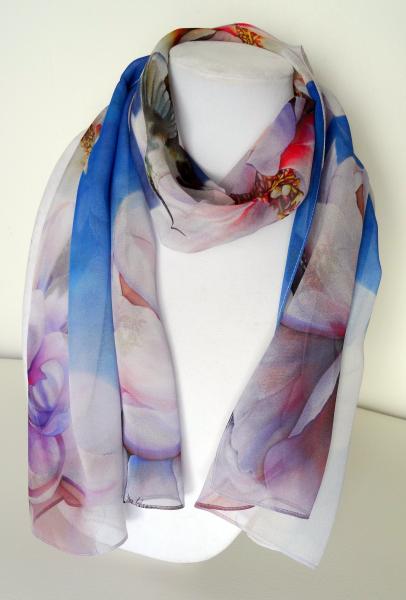 Blessings Hummingbird/Peony Sheer Silk Scarf on Blue