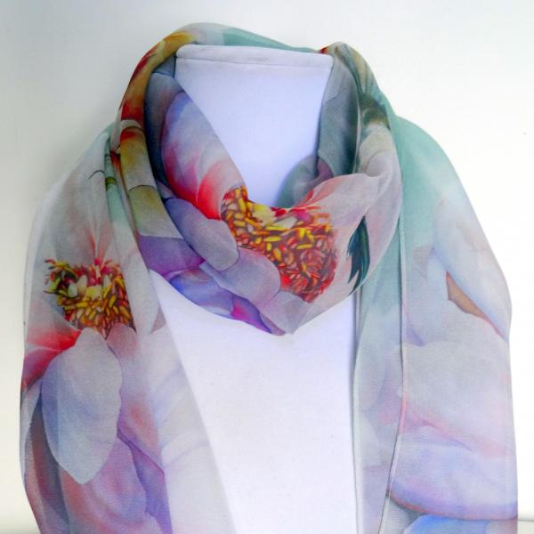 Blessings Hummingbird/Peony Sheer Silk Scarf on Sea Glass