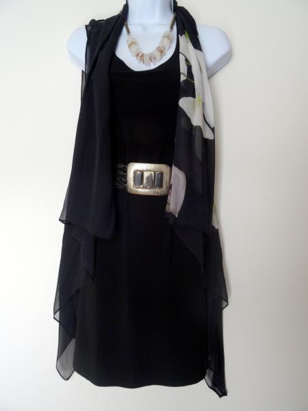 White Orchids on Black Sleeveless Duster/Vest/Poncho