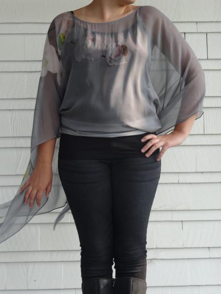 Classic Gray with White Orchid Floral Poncho - Cover Up - Orchids Sheer Poncho - Sheer Caftan picture