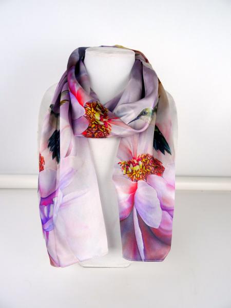 Blessings, Hummingbird & Peony Silk Scarf, Sand
